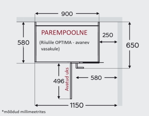 Nurgakapp Kammono L4 DPRP 115*65 (uks avaneb paremale/mõõdud)