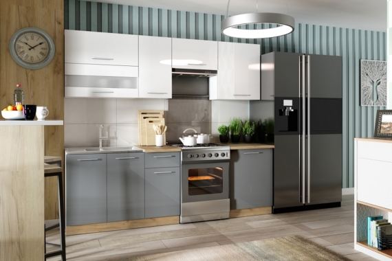 Köögikomplekt Tiffany 2,4 (valge/hall/tamm kuldne)