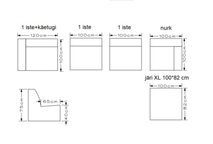 Joonis mõõtudega: mooduldiivan Jesse (420 cm) + järi 82*100 cm